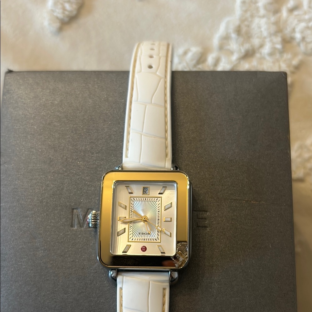 Michele White Leather Strap Watch